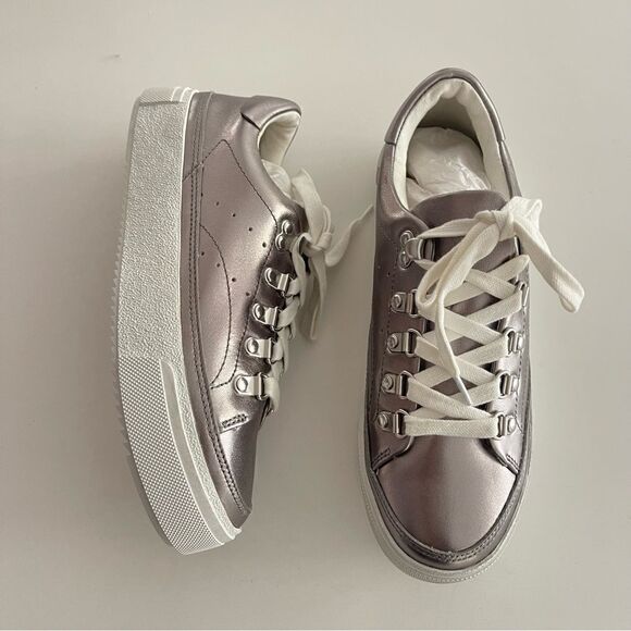 ALLSAINTS Womens Silver Metallic Quinn Round Toe Platform Leather Sneakers Shoes - Picture 4 of 10